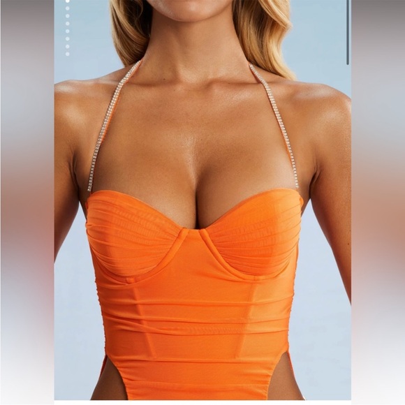 Oh Polly Neon Orange Bedazzled Cutout Halter Ruched Bodycon Mini Dress Size 8 - Picture 2 of 10